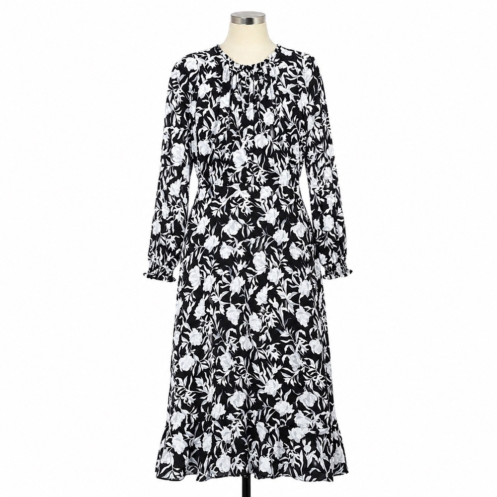 J.Crew Floral Midi Dress Womens 10 Black White Long Sleeve Smocked‎ Cuff Ruffle